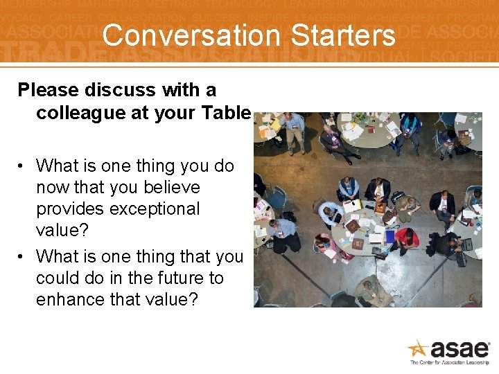 Conversation Starters Please discuss with a colleague at your Table • What is one