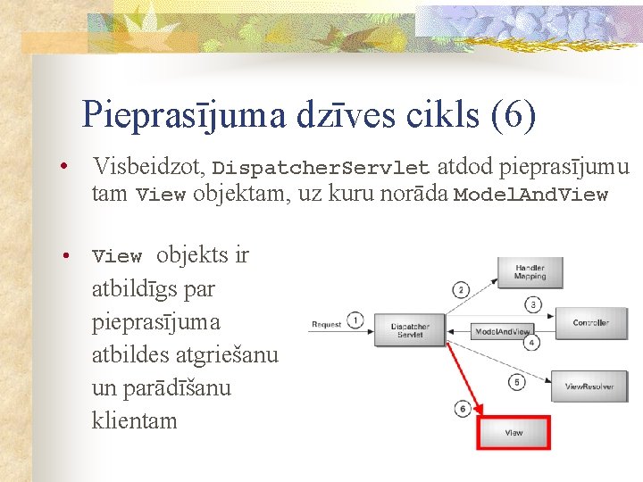 Pieprasījuma dzīves cikls (6) • Visbeidzot, Dispatcher. Servlet atdod pieprasījumu tam View objektam, uz