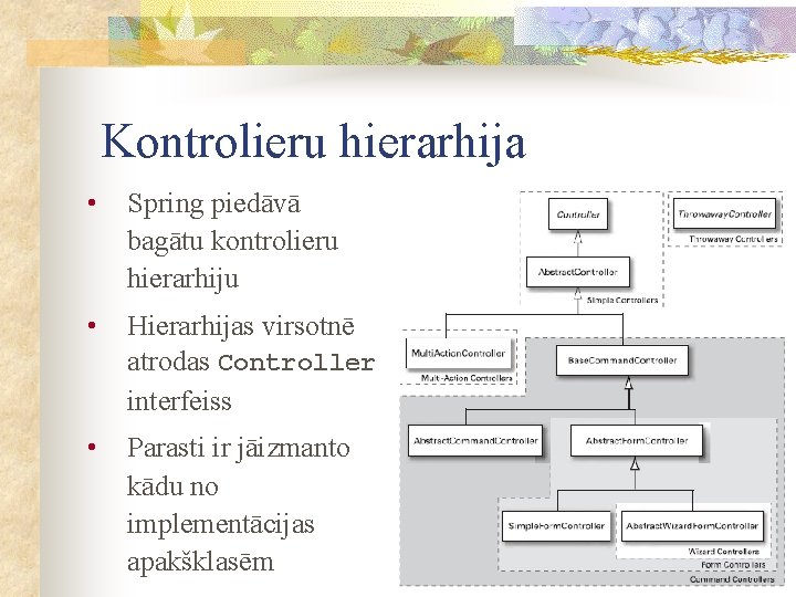 Kontrolieru hierarhija • Spring piedāvā bagātu kontrolieru hierarhiju • Hierarhijas virsotnē atrodas Controller interfeiss