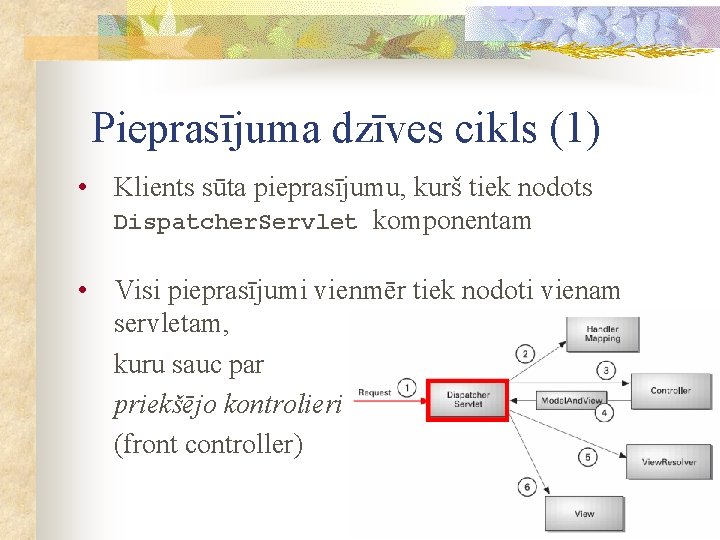 Pieprasījuma dzīves cikls (1) • Klients sūta pieprasījumu, kurš tiek nodots Dispatcher. Servlet komponentam