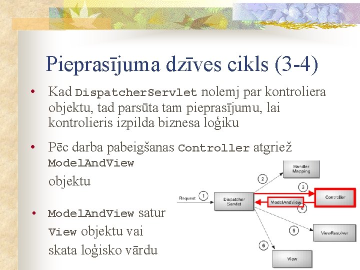 Pieprasījuma dzīves cikls (3 -4) • Kad Dispatcher. Servlet nolemj par kontroliera objektu, tad