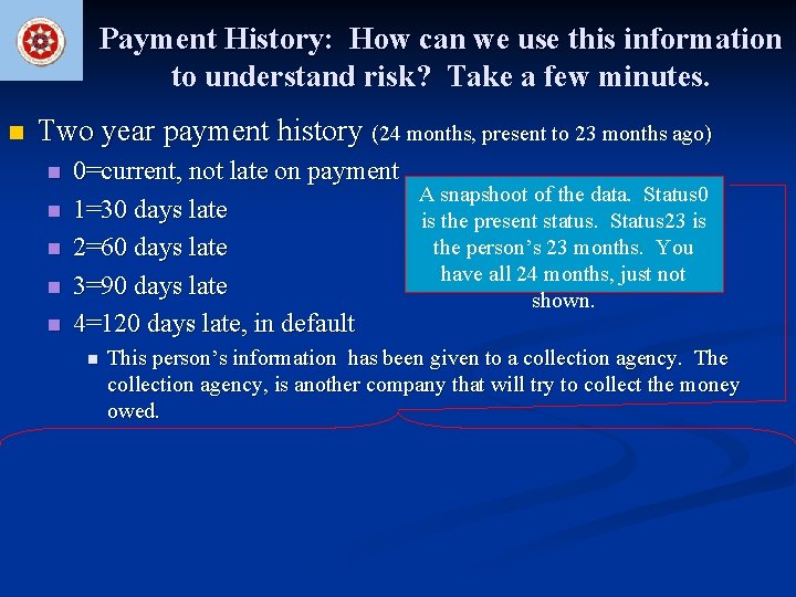 Payment History: How can we use this information to understand risk? Take a few