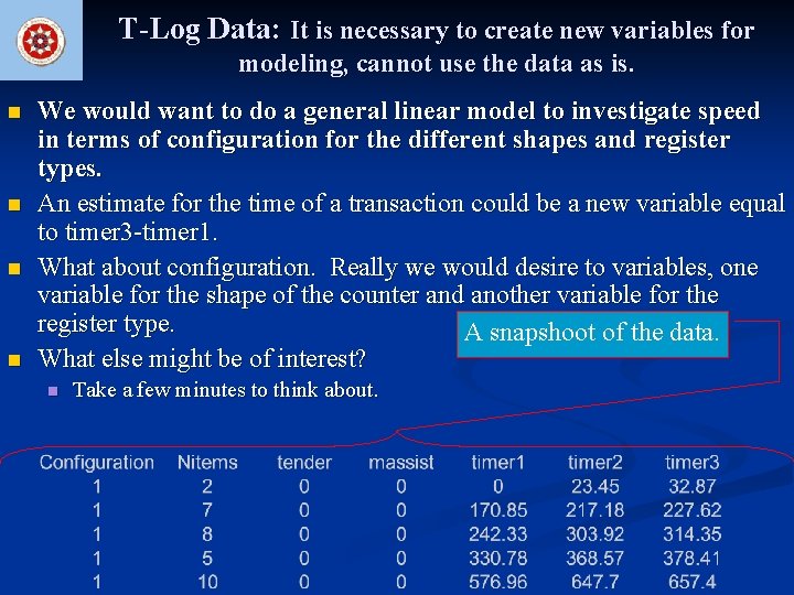 T-Log Data: It is necessary to create new variables for modeling, cannot use the