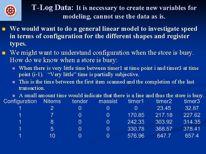 T-Log Data: It is necessary to create new variables for modeling, cannot use the