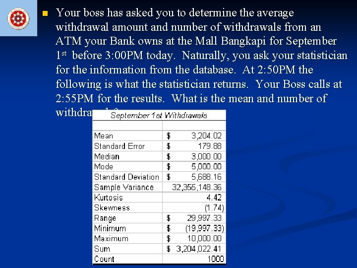 n Your boss has asked you to determine the average withdrawal amount and number