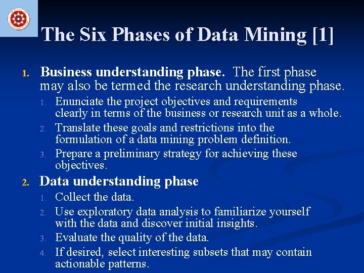The Six Phases of Data Mining [1] 1. Business understanding phase. The first phase