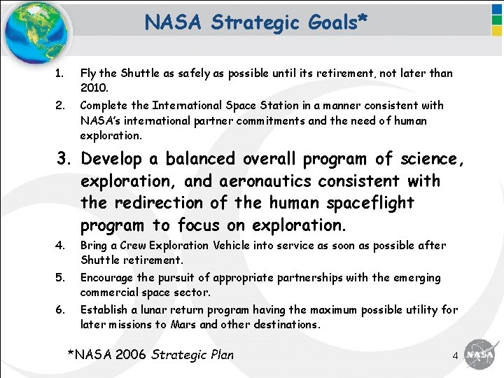 NASA Strategic Goals* 1. Fly the Shuttle as safely as possible until its retirement,