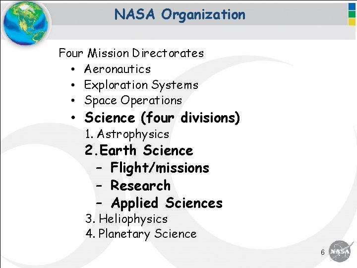 NASA Organization Four Mission Directorates • Aeronautics • Exploration Systems • Space Operations •