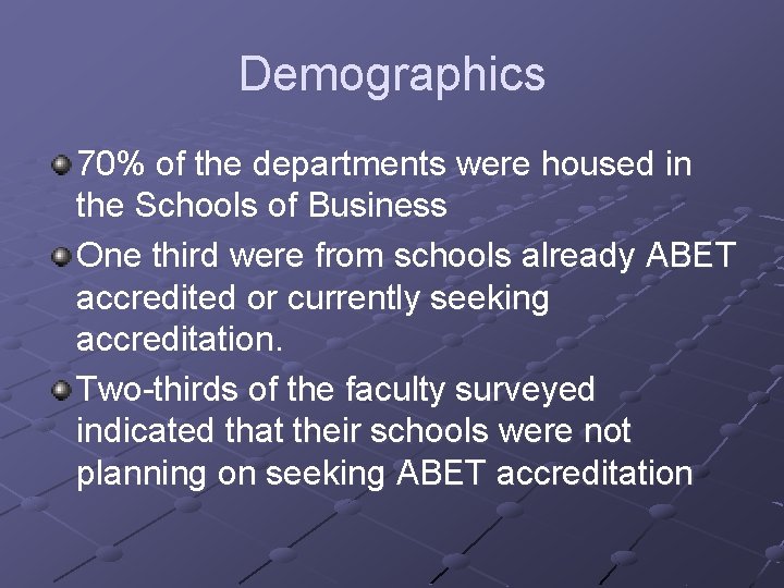 Demographics 70% of the departments were housed in the Schools of Business One third
