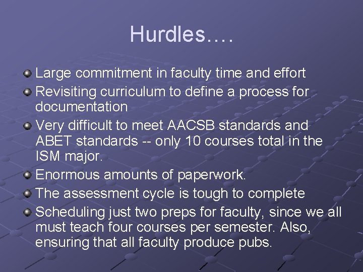 Hurdles…. Large commitment in faculty time and effort Revisiting curriculum to define a process