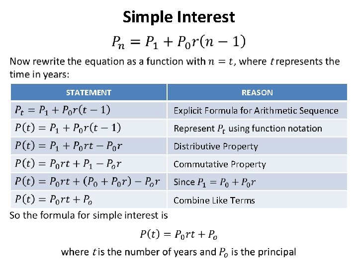 Simple Interest • STATEMENT REASON Explicit Formula for Arithmetic Sequence Distributive Property Commutative Property