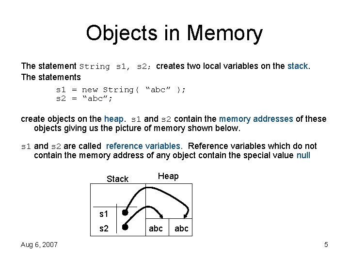 Objects in Memory The statement String s 1, s 2; creates two local variables