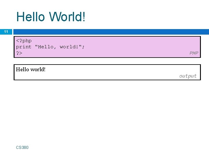 Hello World! 11 <? php print "Hello, world!"; ? > PHP Hello world! output