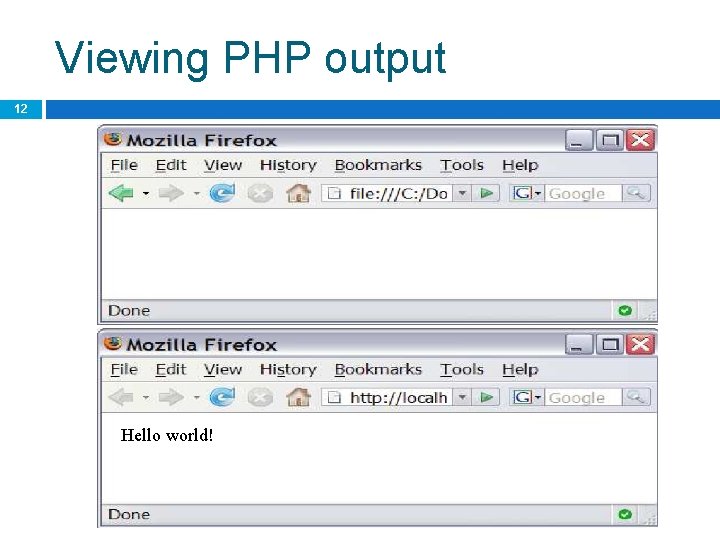 Viewing PHP output 12 Hello world! 