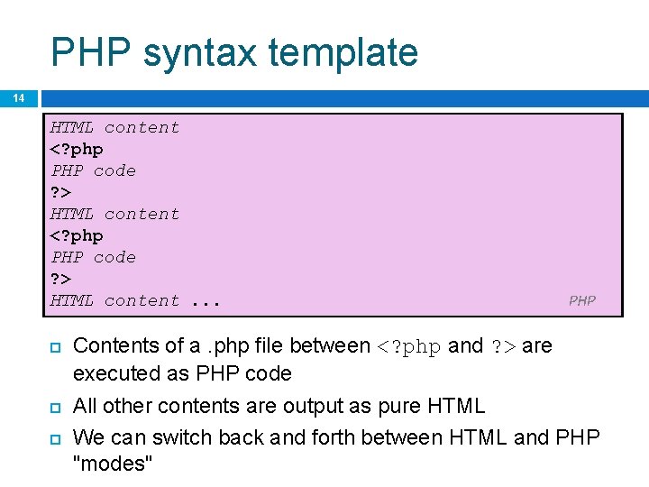 PHP syntax template 14 HTML content <? php PHP code ? > HTML content.