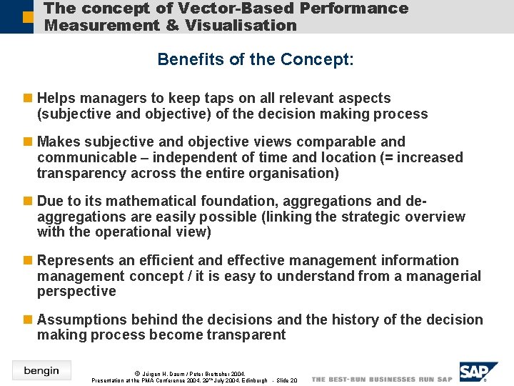 The concept of Vector-Based Performance Measurement & Visualisation Benefits of the Concept: n Helps