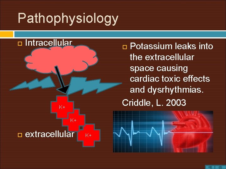 Pathophysiology Intracellular Potassium leaks into the extracellular space causing cardiac toxic effects and dysrhythmias.