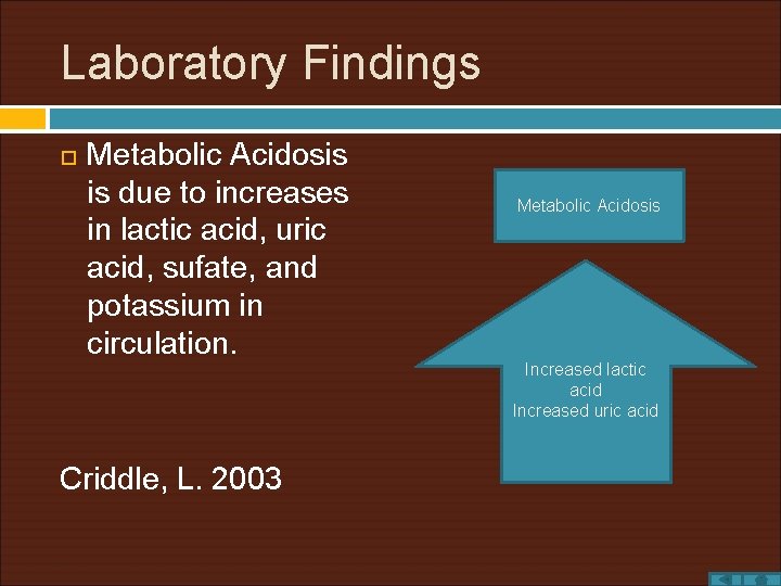 Laboratory Findings Metabolic Acidosis is due to increases in lactic acid, uric acid, sufate,