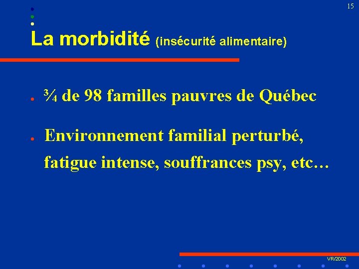 15 La morbidité (insécurité alimentaire) l ¾ de 98 familles pauvres de Québec l