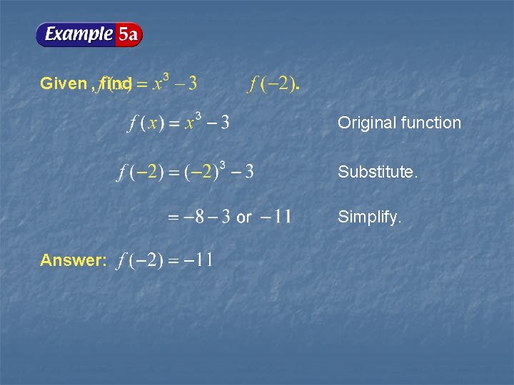 Given , find Original function Substitute. Simplify. Answer: Given , find Original function Substitute. Simplify. Answer: