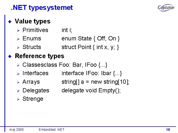 . NET typesystemet Value types Primitives Enums Structs int i; enum State { Off,