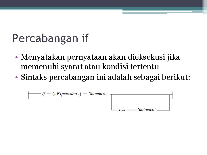 Percabangan if • Menyatakan pernyataan akan dieksekusi jika memenuhi syarat atau kondisi tertentu • Percabangan if • Menyatakan pernyataan akan dieksekusi jika memenuhi syarat atau kondisi tertentu •