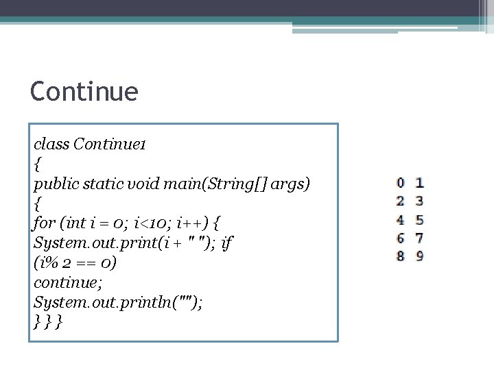 Continue class Continue 1 { public static void main(String[] args) { for (int i