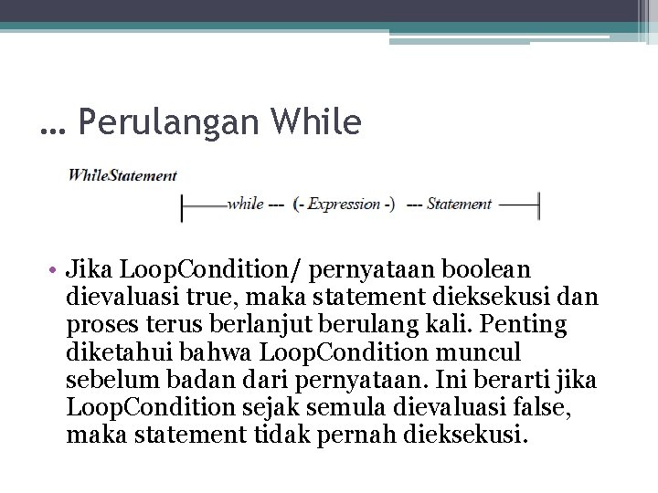 … Perulangan While • Jika Loop. Condition/ pernyataan boolean dievaluasi true, maka statement dieksekusi … Perulangan While • Jika Loop. Condition/ pernyataan boolean dievaluasi true, maka statement dieksekusi
