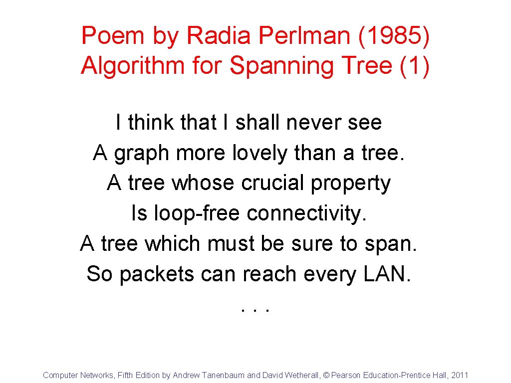 Poem by Radia Perlman (1985) Algorithm for Spanning Tree (1) I think that I
