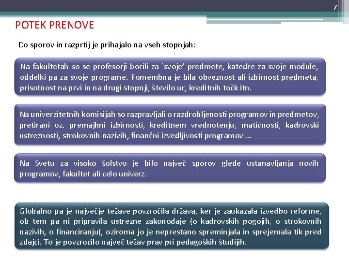 7 POTEK PRENOVE Do sporov in razprtij je prihajalo na vseh stopnjah: Na fakultetah