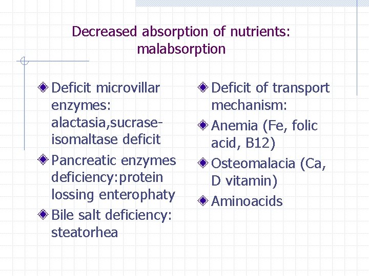 Decreased absorption of nutrients: malabsorption Deficit microvillar enzymes: alactasia, sucraseisomaltase deficit Pancreatic enzymes deficiency: