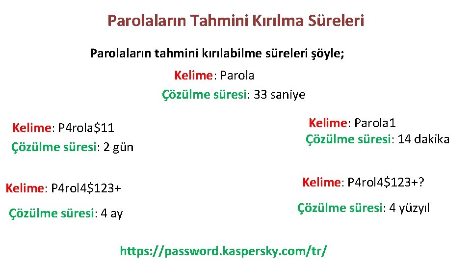 Parolaların Tahmini Kırılma Süreleri Parolaların tahmini kırılabilme süreleri şöyle; Kelime: Parola Çözülme süresi: 33