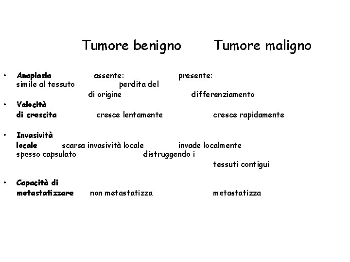 Tumore benigno • Anaplasia simile al tessuto assente: perdita del di origine Tumore maligno