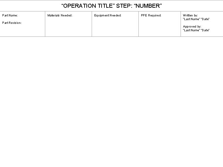 “OPERATION TITLE” STEP: “NUMBER” Part Name: Materials Needed: Equipment Needed: PPE Required: Written by:
