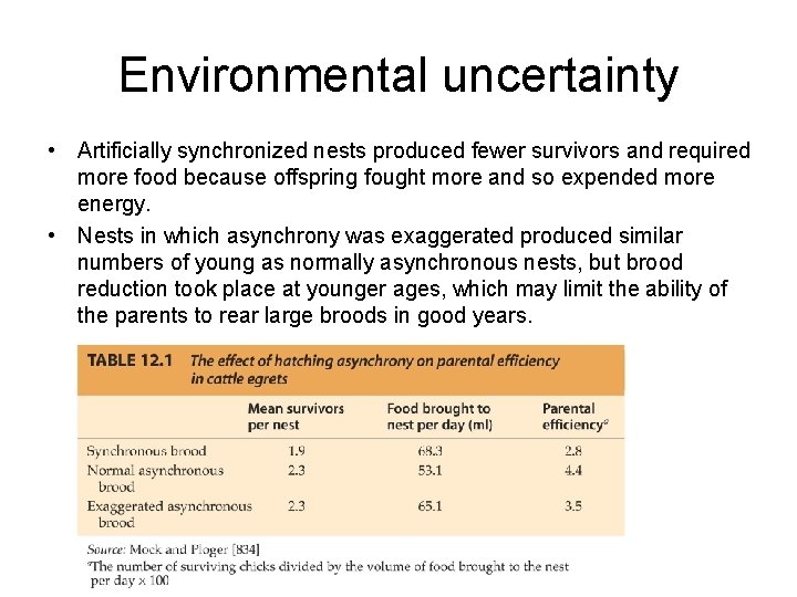 Environmental uncertainty • Artificially synchronized nests produced fewer survivors and required more food because