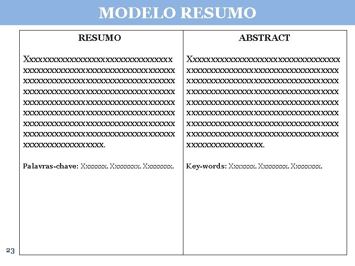 MODELO RESUMO 23 RESUMO ABSTRACT Xxxxxxxxxxxxxxxxxxxxxxxxxxxxxxxxxxx xxxxxxxxxxxxxxxxxxxxxxxxxxxxxxxxxx xxxxxxxxxx. Xxxxxxxxxxxxxxxxxxxxxxxxxxxxxxxxxxx xxxxxxxxxxxxxxxxxxxxxxxxxxxxxxxxxx xxxxxxxxx. Palavras-chave: Xxxxxxxx. Key-words: