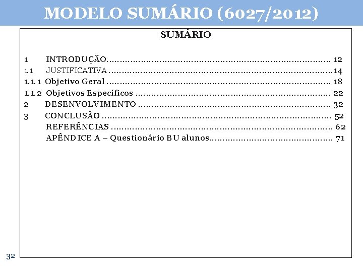 MODELO SUMÁRIO (6027/2012) SUMÁRIO 1 1. 1. 1. 2 2 3 32 INTRODUÇÃO. .