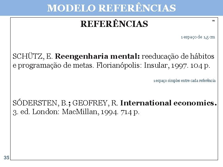 MODELO REFERÊNCIAS 72 1 espaço de 1, 5 cm SCHÜTZ, E. Reengenharia mental: reeducação