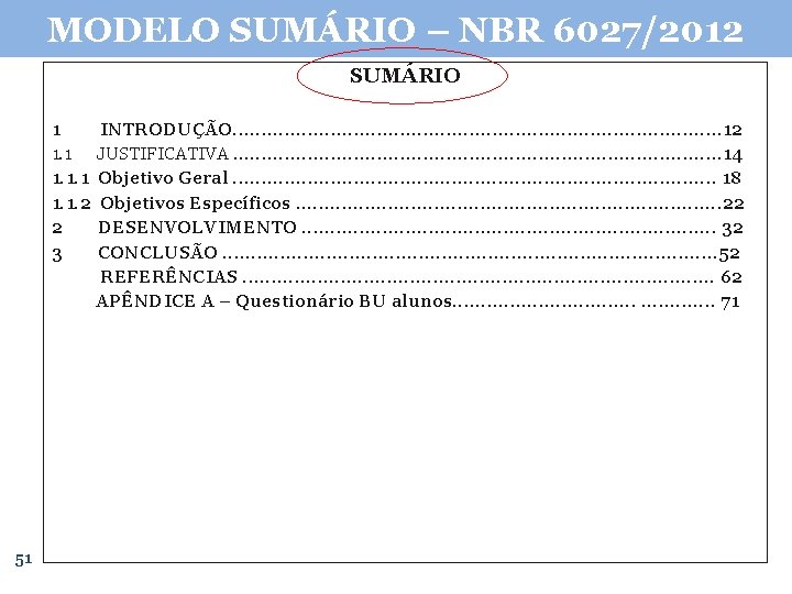 MODELO SUMÁRIO – NBR 6027/2012 SUMÁRIO 1 1. 1. 1. 2 2 3 51