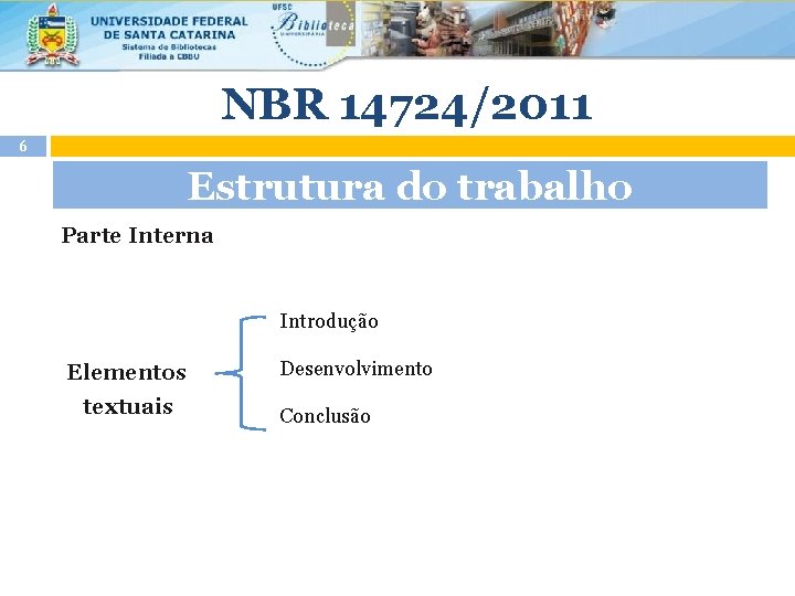 NBR 14724/2011 6 Estrutura do trabalho Parte Interna Introdução Elementos textuais Desenvolvimento Conclusão 