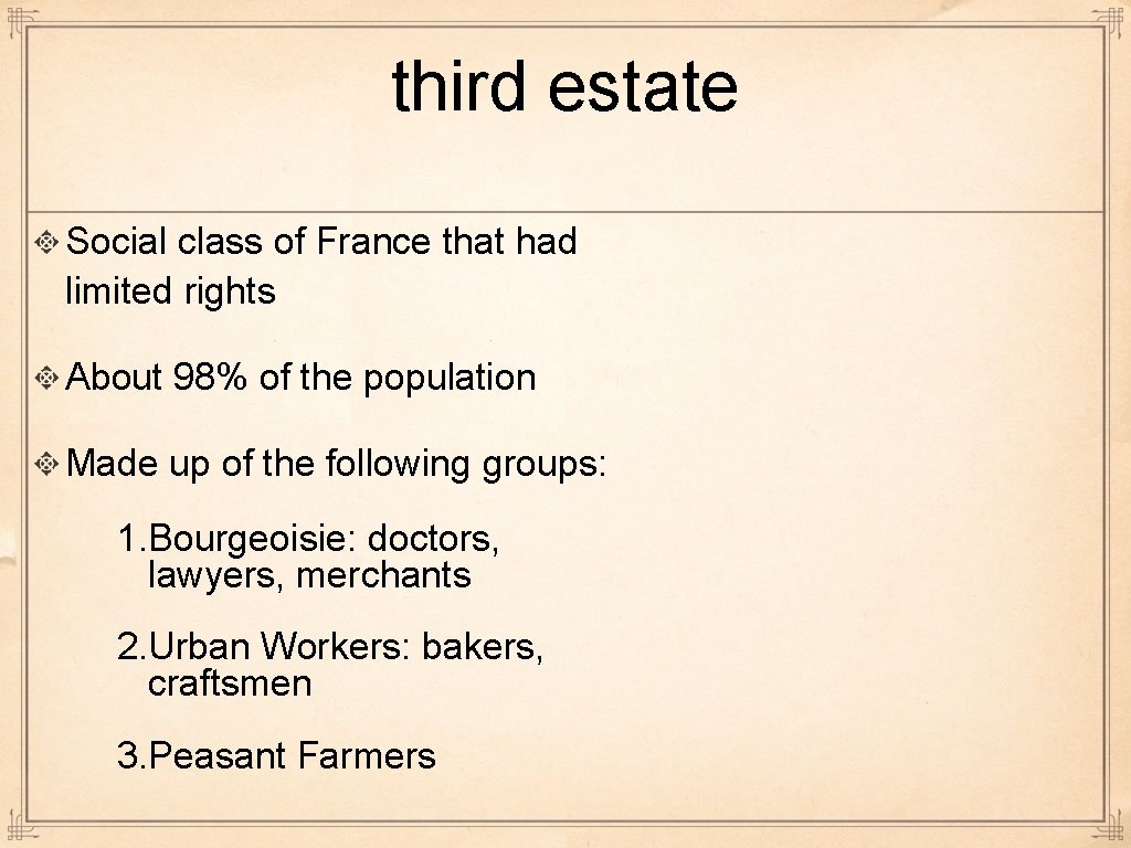 third estate Social class of France that had limited rights About 98% of the