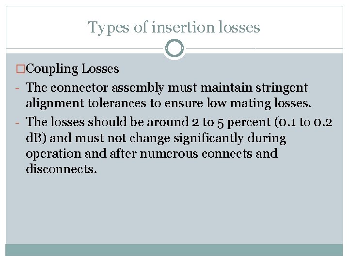 Types of insertion losses �Coupling Losses - The connector assembly must maintain stringent alignment
