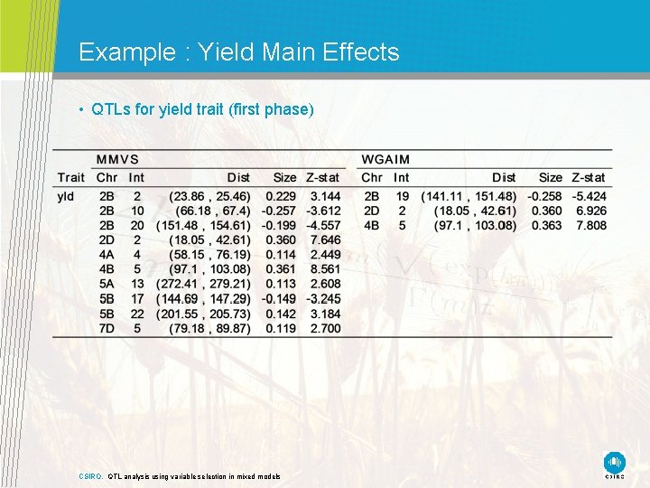 Example : Yield Main Effects • QTLs for yield trait (first phase) CSIRO. QTL Example : Yield Main Effects • QTLs for yield trait (first phase) CSIRO. QTL