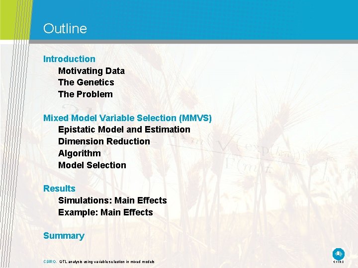 Outline Introduction Motivating Data The Genetics The Problem Mixed Model Variable Selection (MMVS) Epistatic Outline Introduction Motivating Data The Genetics The Problem Mixed Model Variable Selection (MMVS) Epistatic