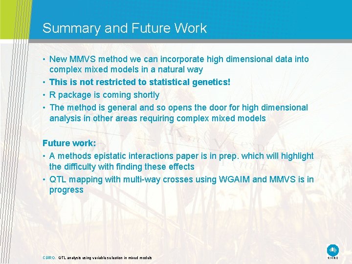 Summary and Future Work • New MMVS method we can incorporate high dimensional data Summary and Future Work • New MMVS method we can incorporate high dimensional data