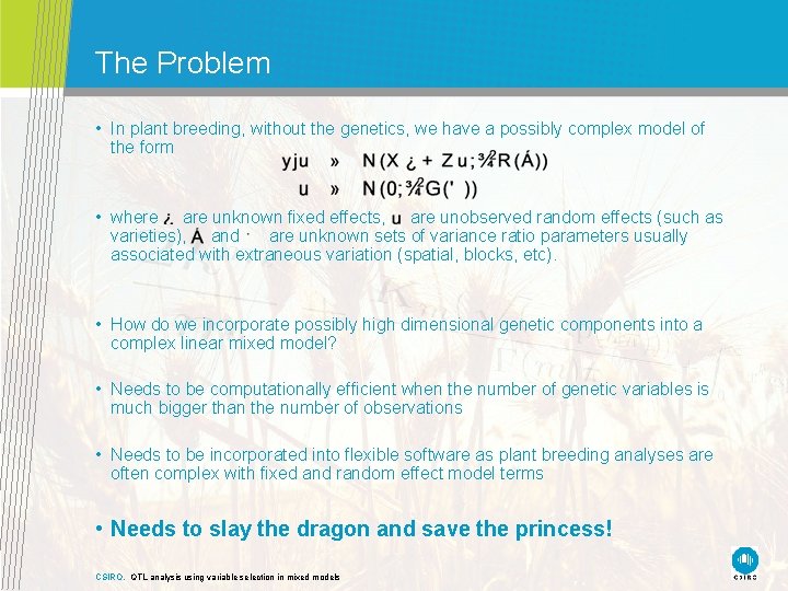 The Problem • In plant breeding, without the genetics, we have a possibly complex The Problem • In plant breeding, without the genetics, we have a possibly complex