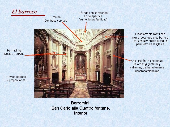 El Barroco Frontón Con base curvada Bóveda con casetones en perspectiva (aumenta profundidad) Entablamento