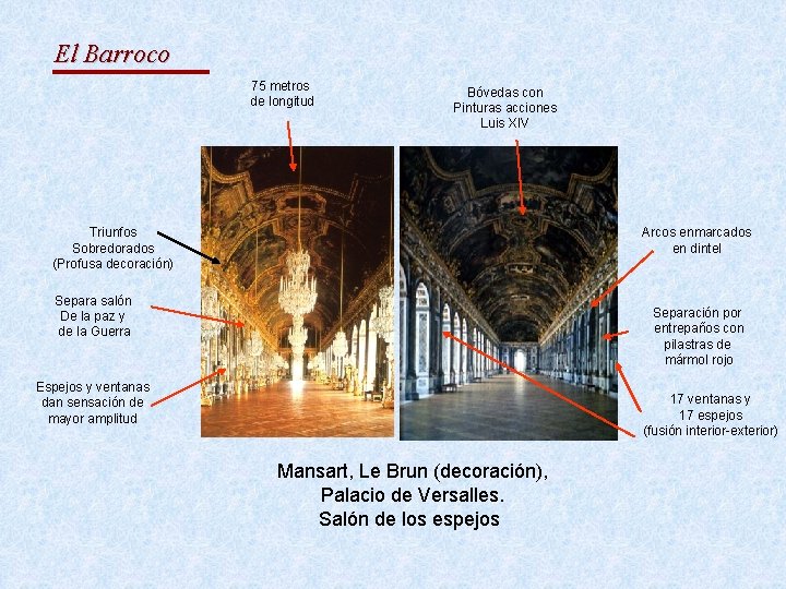 El Barroco 75 metros de longitud Bóvedas con Pinturas acciones Luis XIV Triunfos Sobredorados