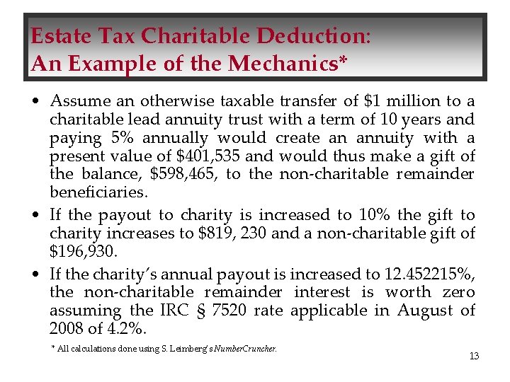 Estate Tax Charitable Deduction: An Example of the Mechanics* • Assume an otherwise taxable