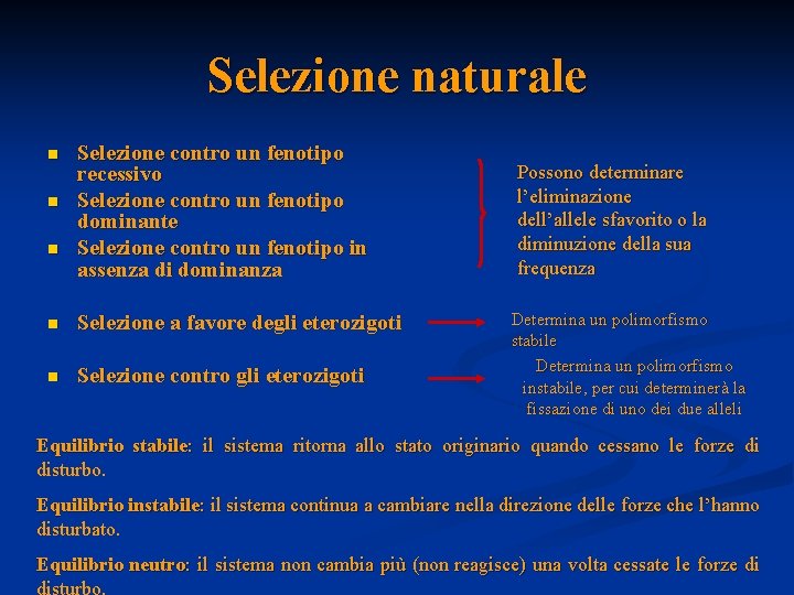 Selezione naturale n n n Selezione contro un fenotipo recessivo Selezione contro un fenotipo